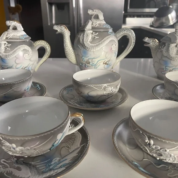 Moriage Raised Dragon Demitasse Tea Set; Dragon-ware Vintage
